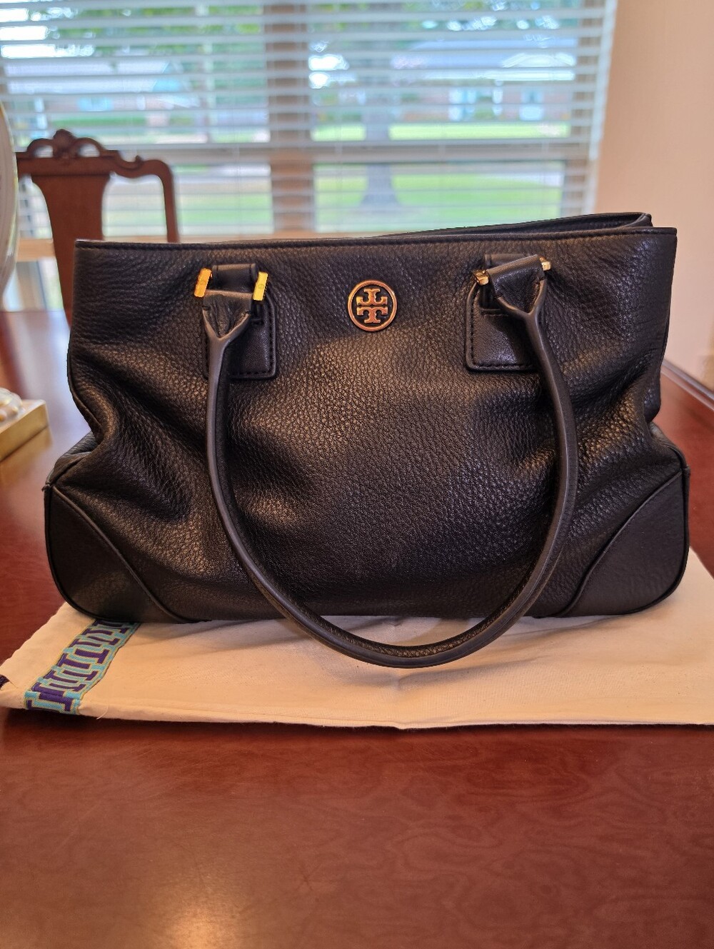 Tory Burch Black Pebbled Leather Tote with Gold Logo